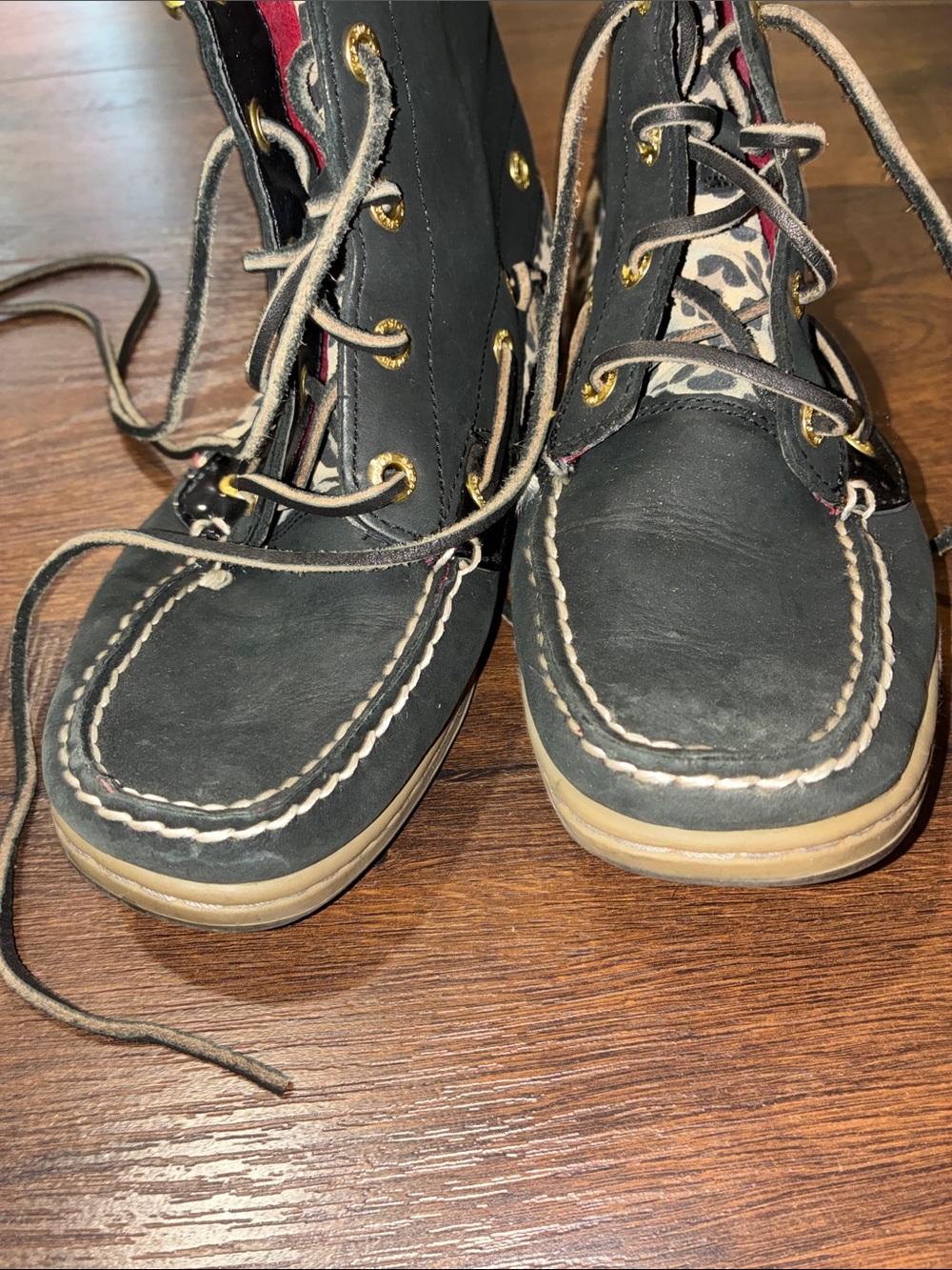 SPERRY TOP-SIDER HIGH TOP BOOTS Black LEOPARD Leather Lace-Up SZ 7.5 - Picture 3 of 8
